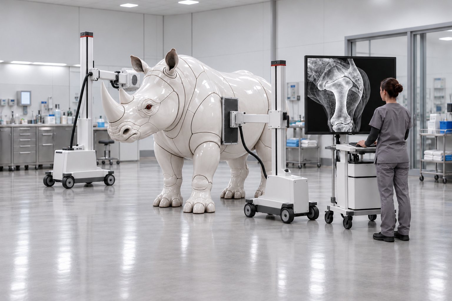 A ceramic rhinoceros under examination in an imaging lab