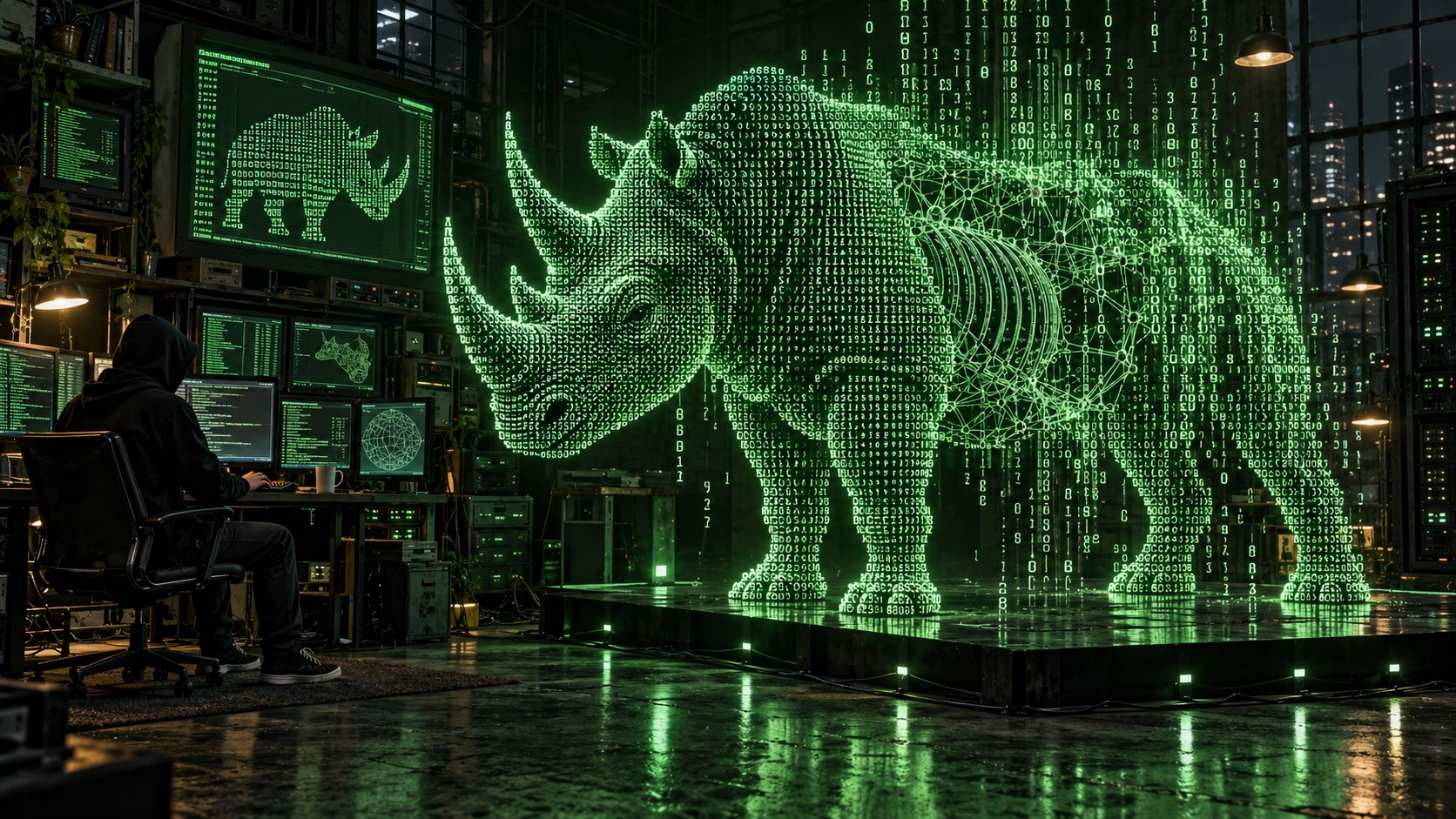 A rhinoceros made of falling green code in a hacker's den, a hooded figure at the terminals