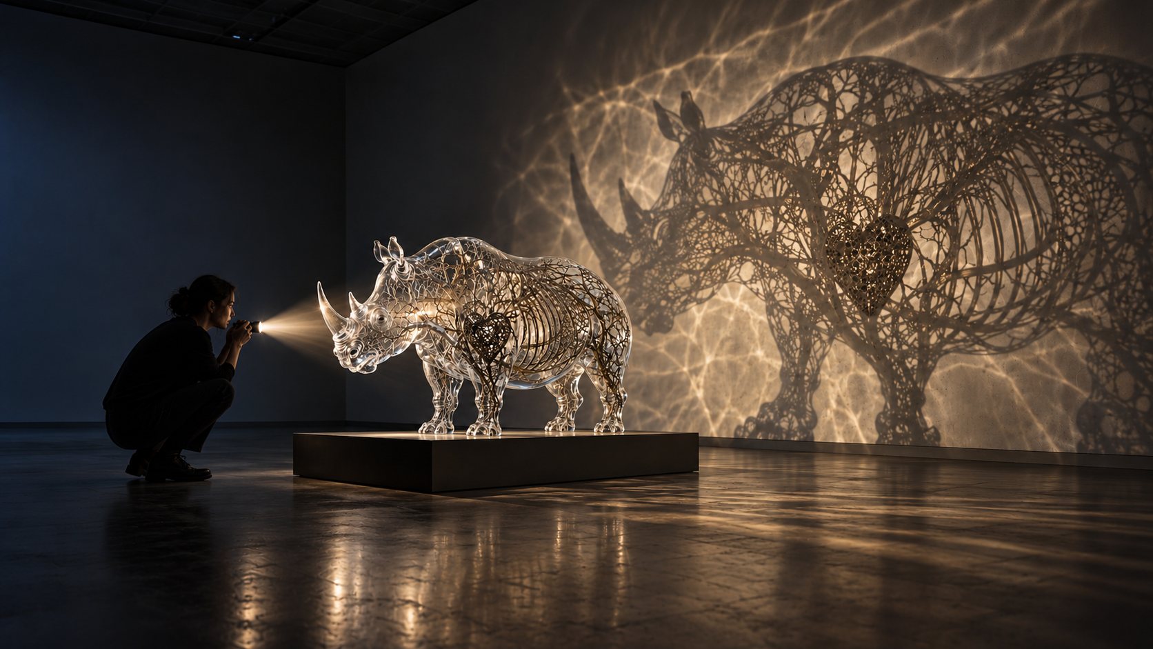 A glass rhinoceros lit in a dark gallery