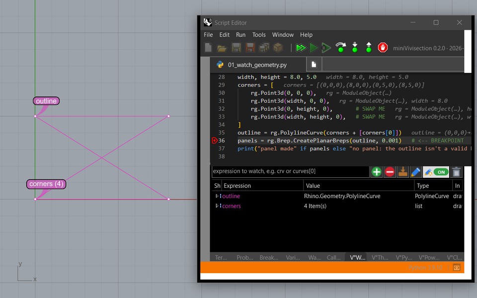 Rhino's Top view with a magenta bow-tie outline and the name dots outline and corners; over it the Script Editor paused at a breakpoint, its V°Watch tab listing outline and corners.