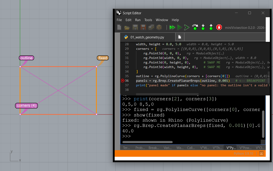 The Script Editor's V°Python tab: the swapped corners printed, a fixed outline built and shown; in Rhino an orange rectangle named fixed over the bow tie.