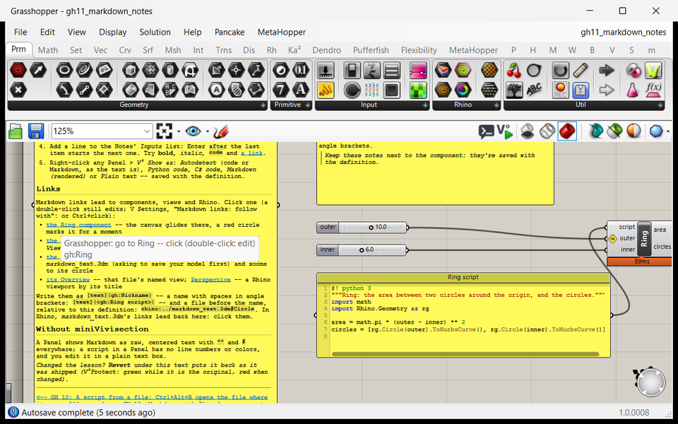 Grasshopper Panels rendered as Markdown with headings, lists and links; a tooltip over a link reads Grasshopper: go to Ring -- click.