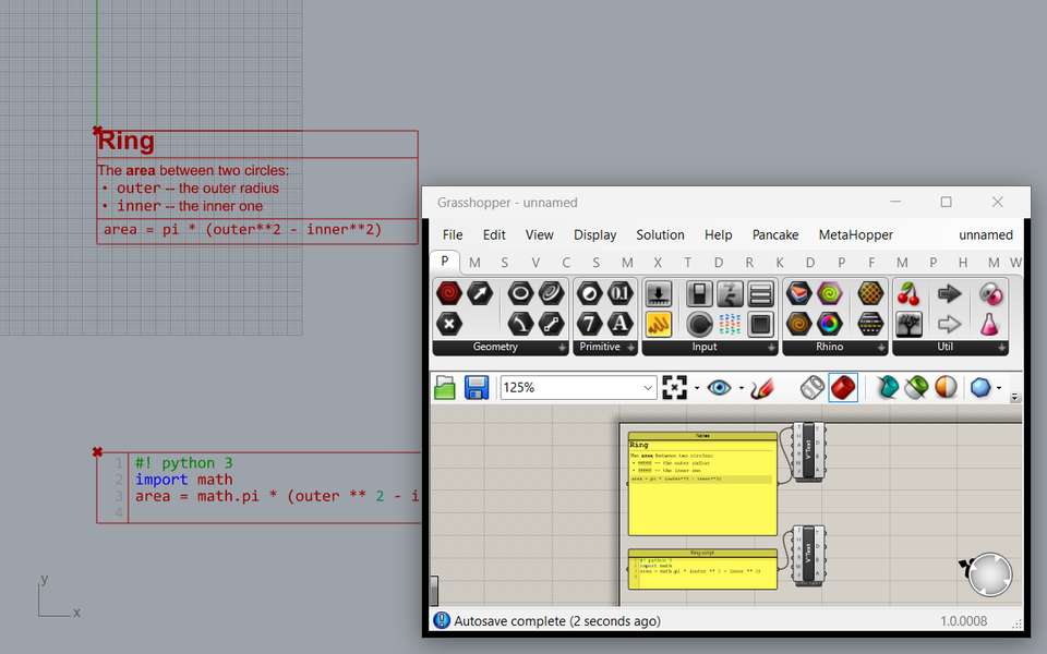 Rhino's Top view with a Markdown note and a Python script drawn as text; a Grasshopper window with the two Panels feeding V°Text components.