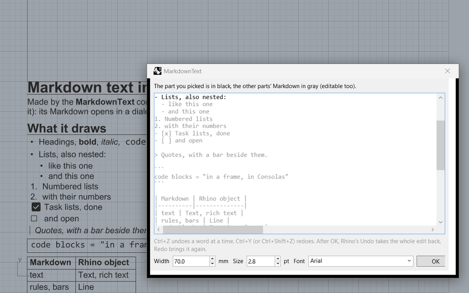Markdown text in Rhino with the MarkdownText dialog over it: the nested list in black at the caret, the rest of the Markdown gray, width, size and font below.
