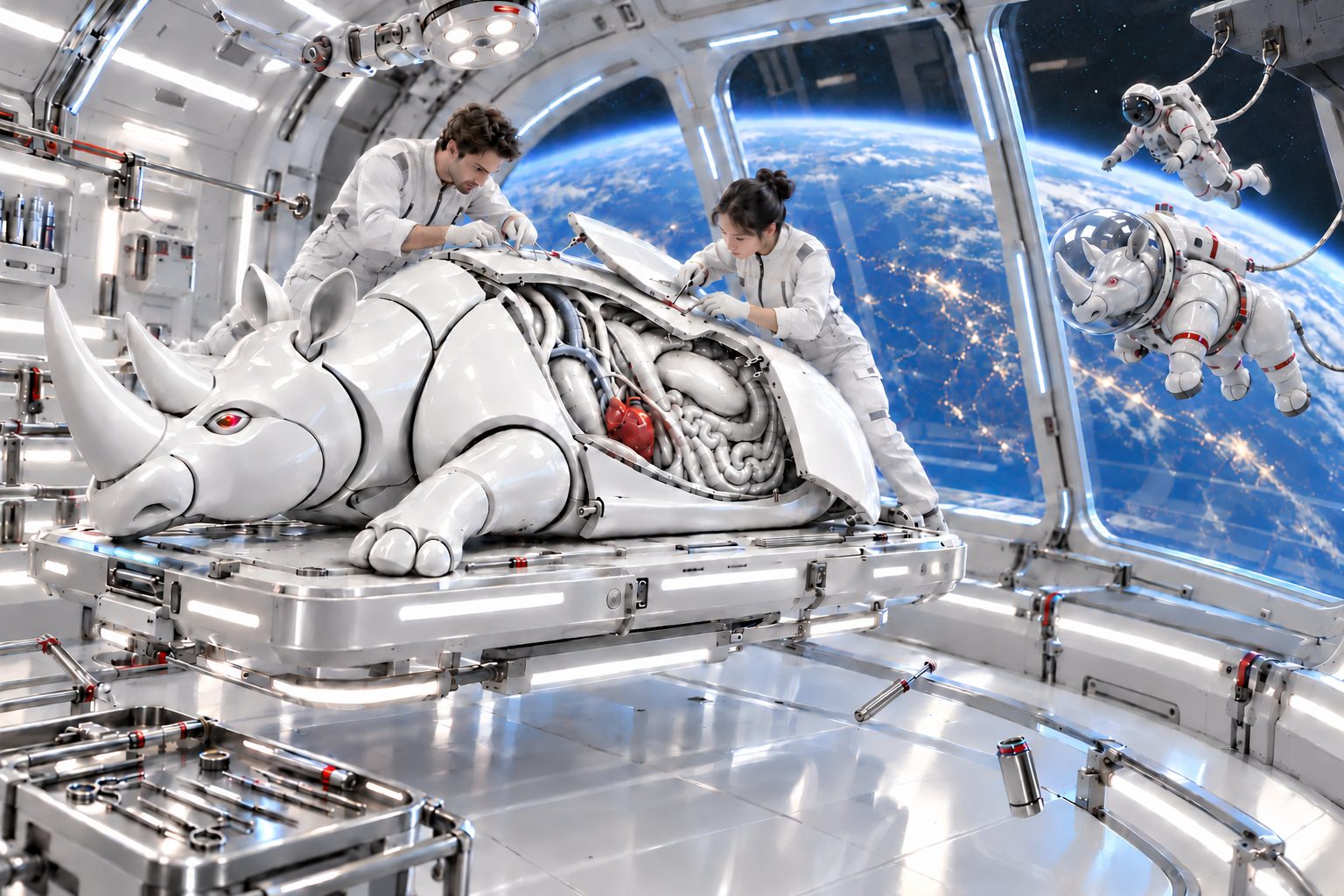 A rhinoceros opened up in an orbital operating theatre