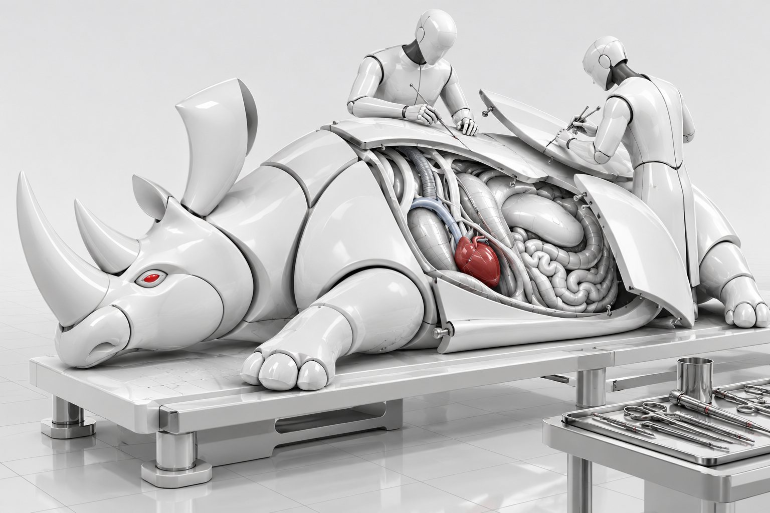 A porcelain rhinoceros dissected into clean parts
