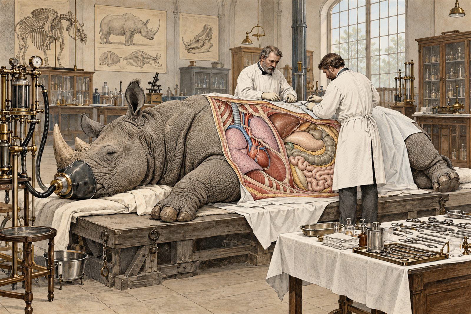 A Victorian engraving of a rhinoceros anatomy study